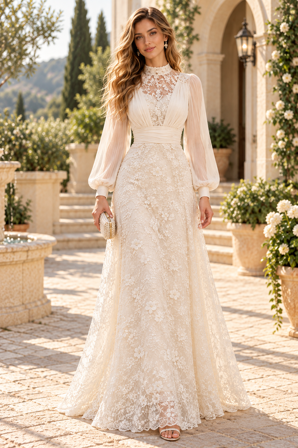 Lace A-Line Gown with Bishop Sleeves