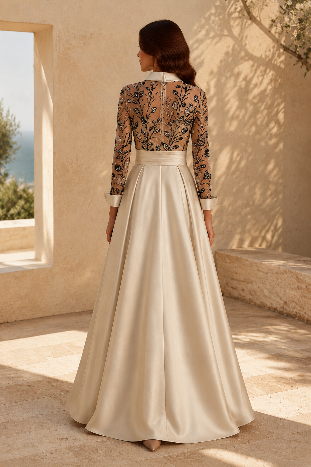 Vestido de Noche Acampanado con Cuello Camisero Bordado y Cintura Floral en 3D