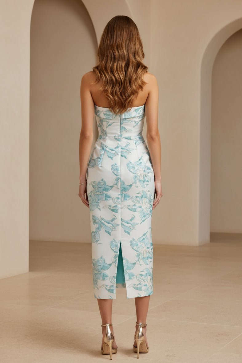 Vestido Tubo Midi sin Tirantes de Jacquard Floral