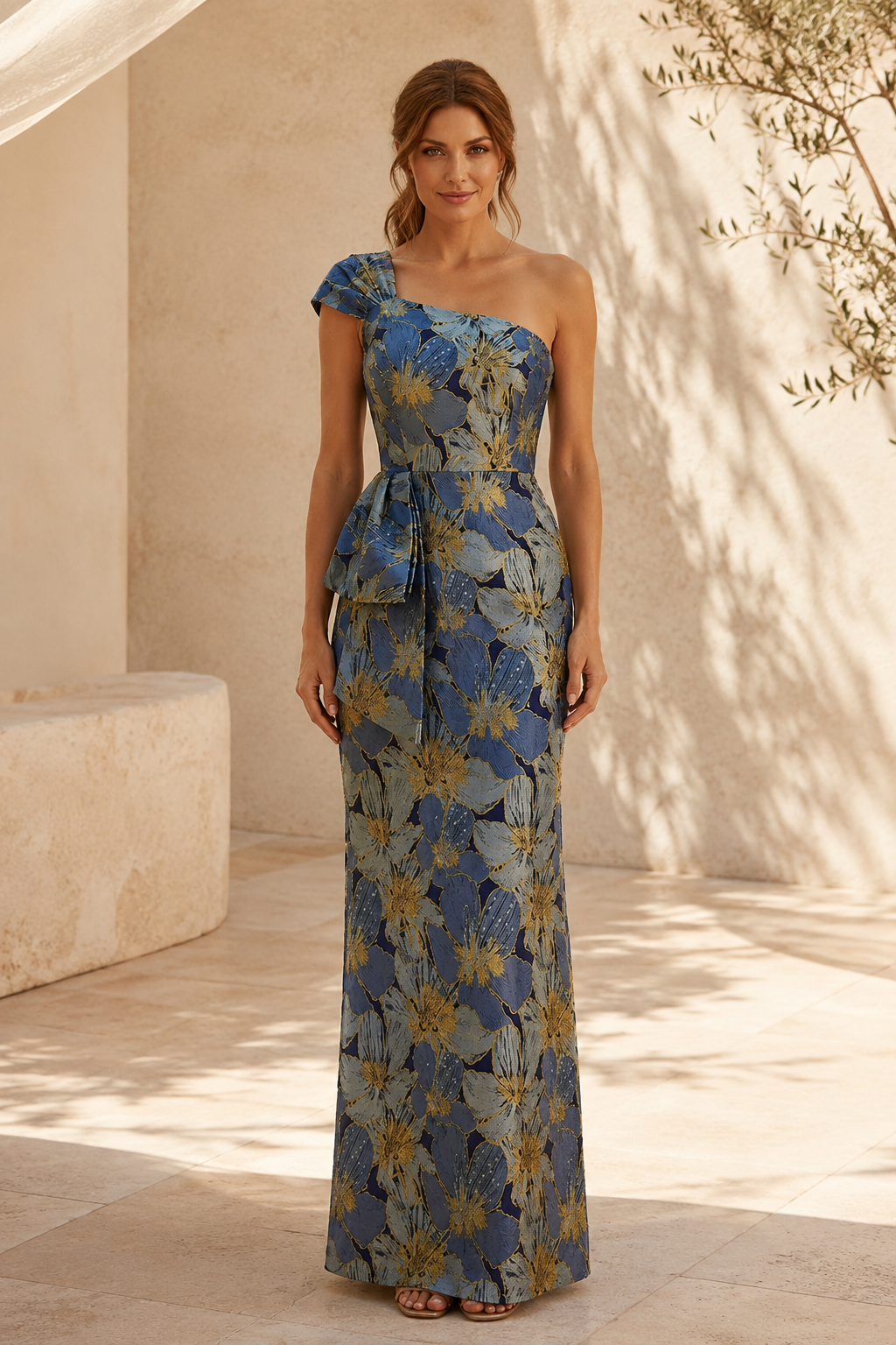 Traje largo jacquard floral de un solo hombro con lazada a la cintura