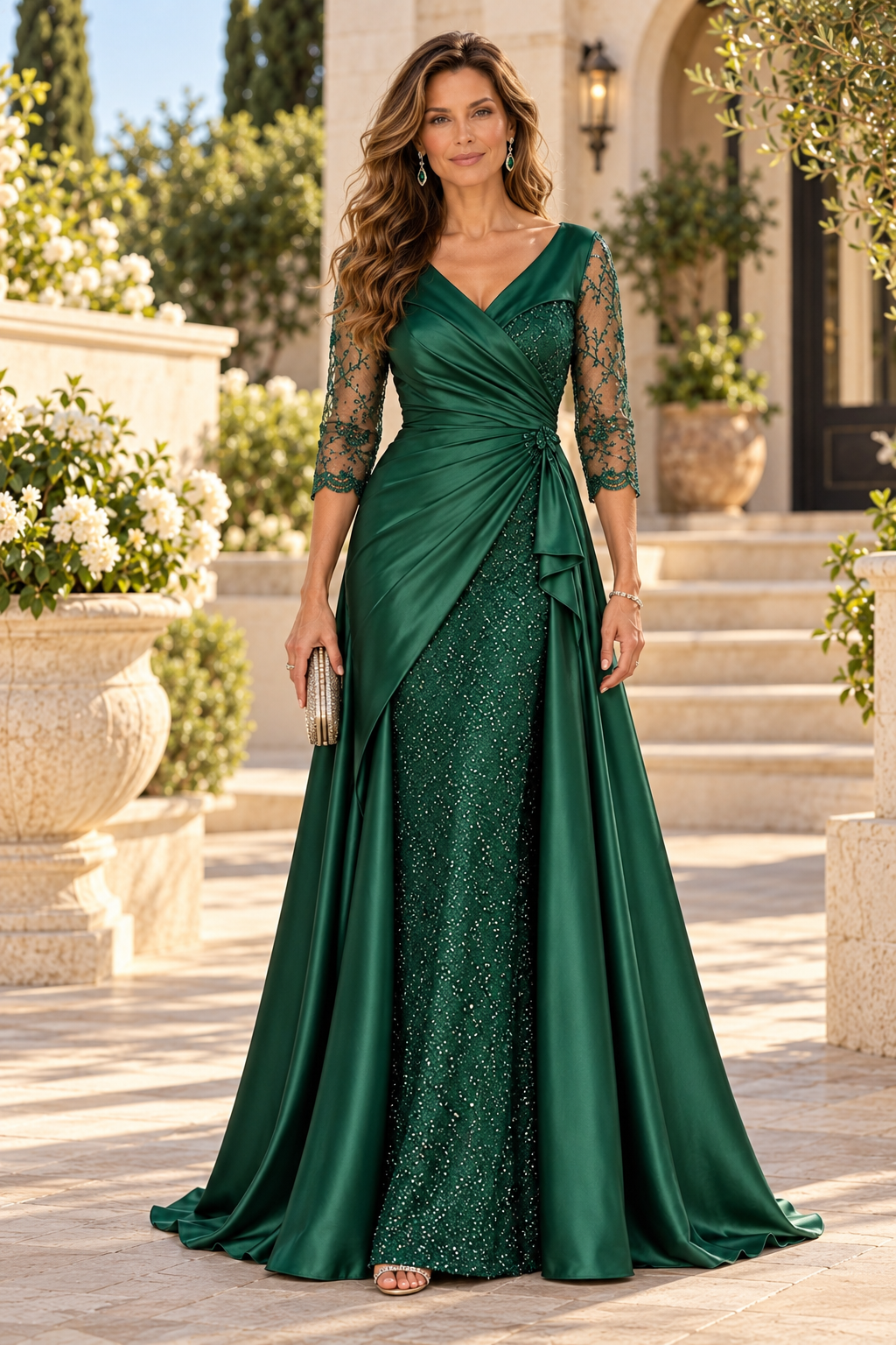Ruched Evening Gown with 3/4 Sleeves & Overskirt