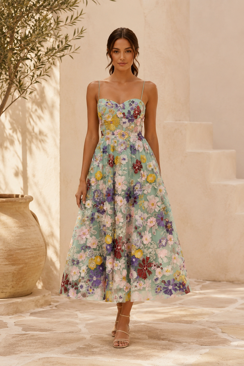 Vestido Midi con Escote Corazón y Bordado Floral