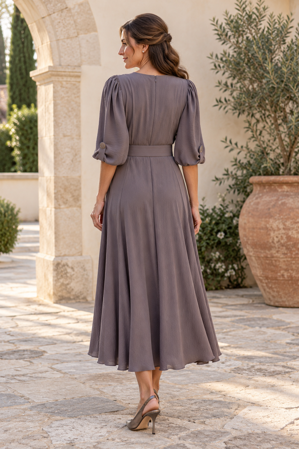V-Neck Belted Midi Dress with Puff Sleeves