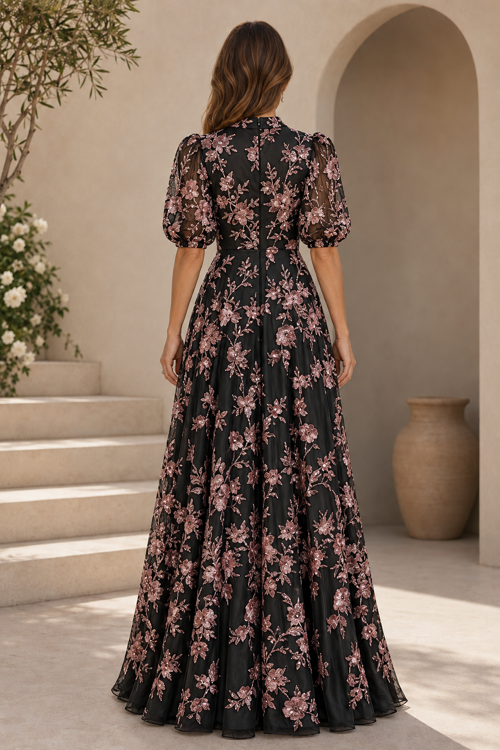 Vestido de Noche Acampanado con Bordado Floral y Mangas Abullonadas