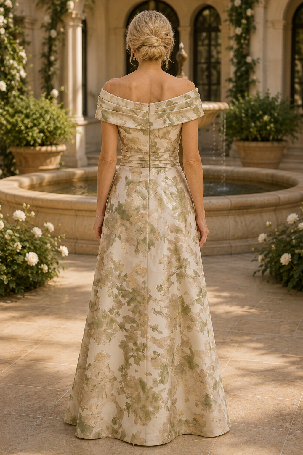 Vestido largo plisado con estampado floral, hombros descubiertos y corte en A