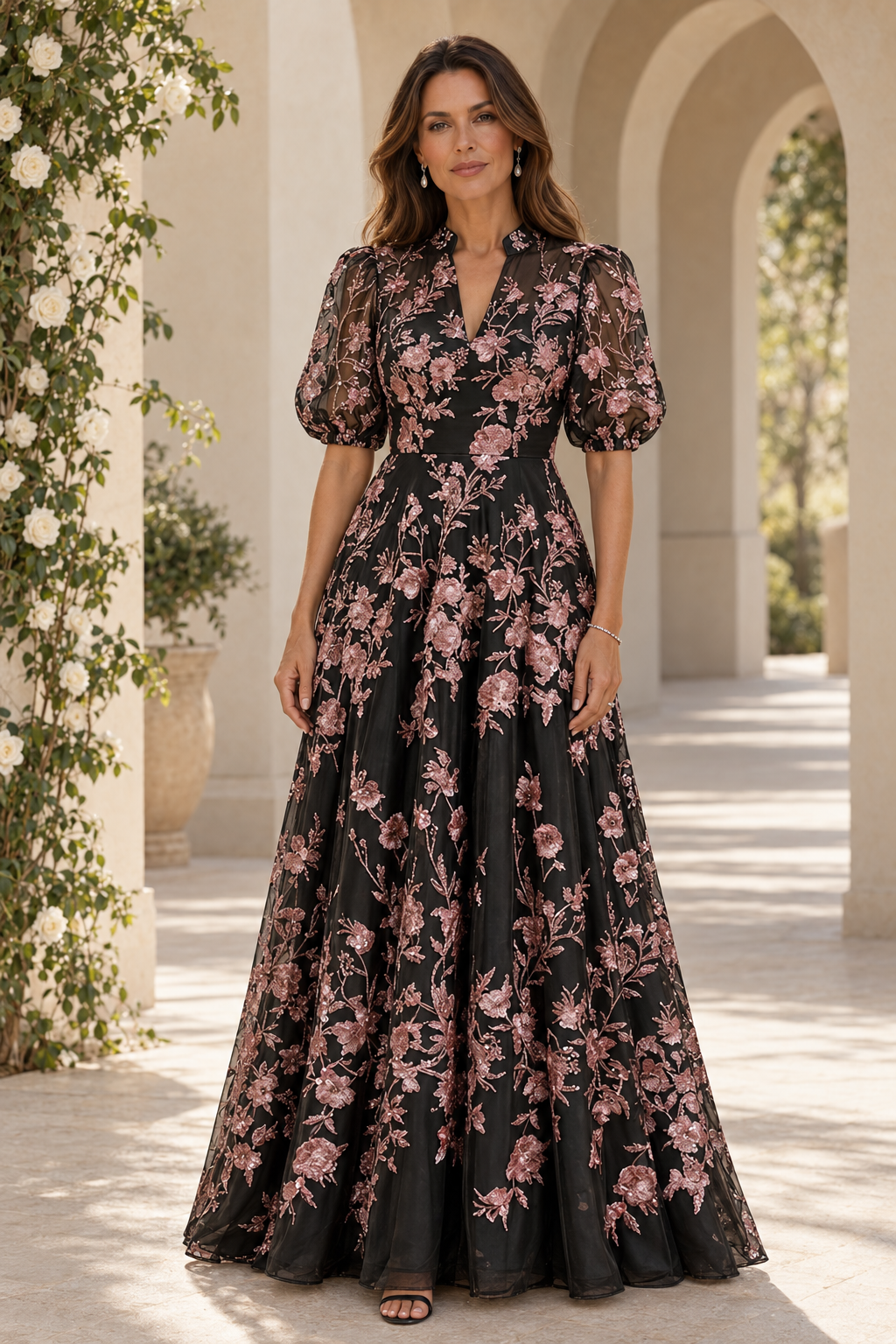 Vestido de Noche Acampanado con Bordado Floral y Mangas Abullonadas