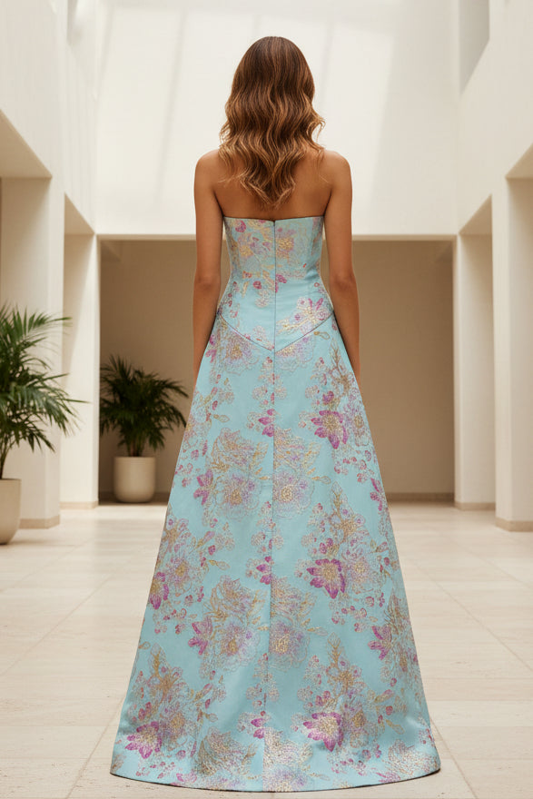 Vestido largo de jacquard floral sin tirantes con corte en A