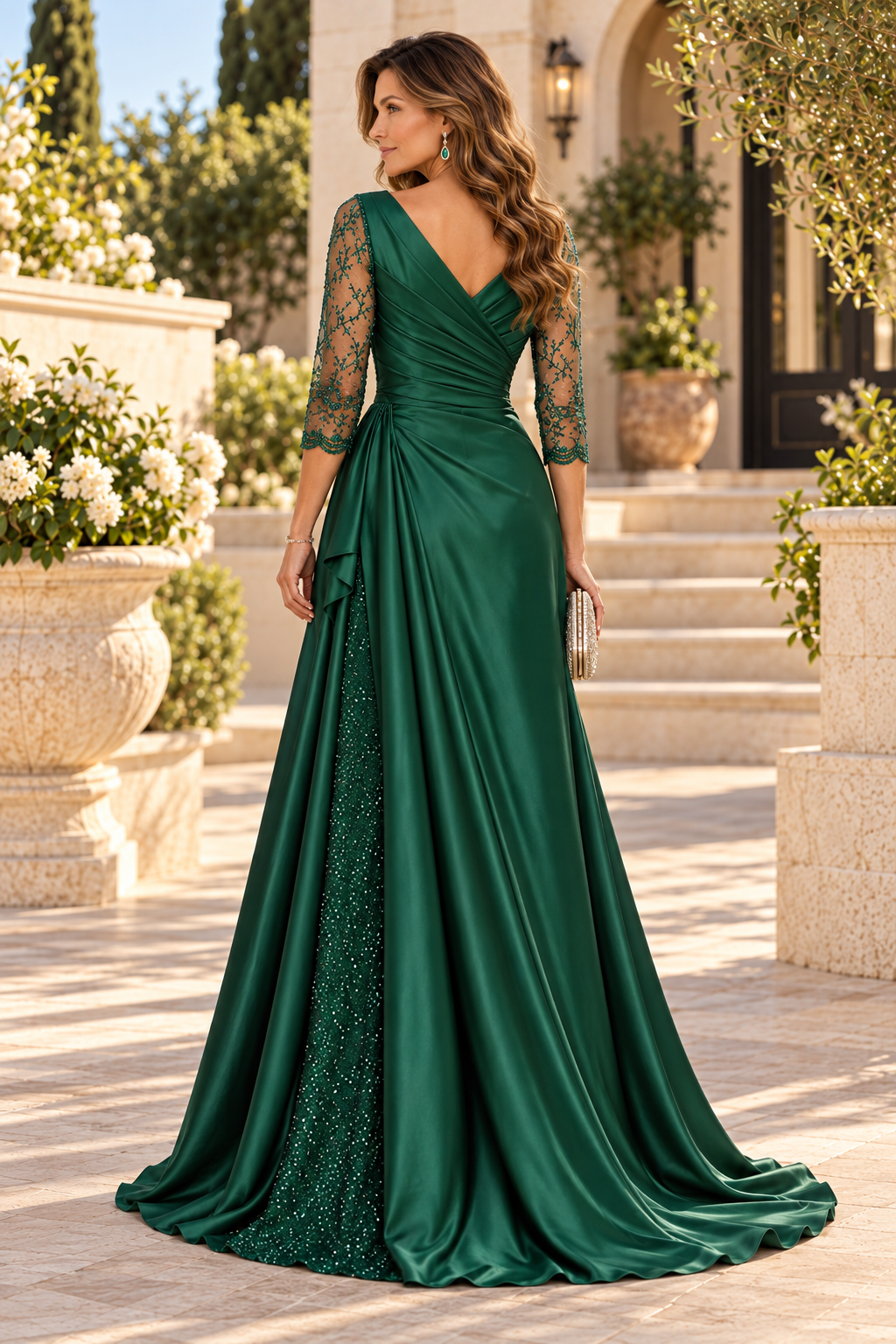 Ruched Evening Gown with 3/4 Sleeves & Overskirt