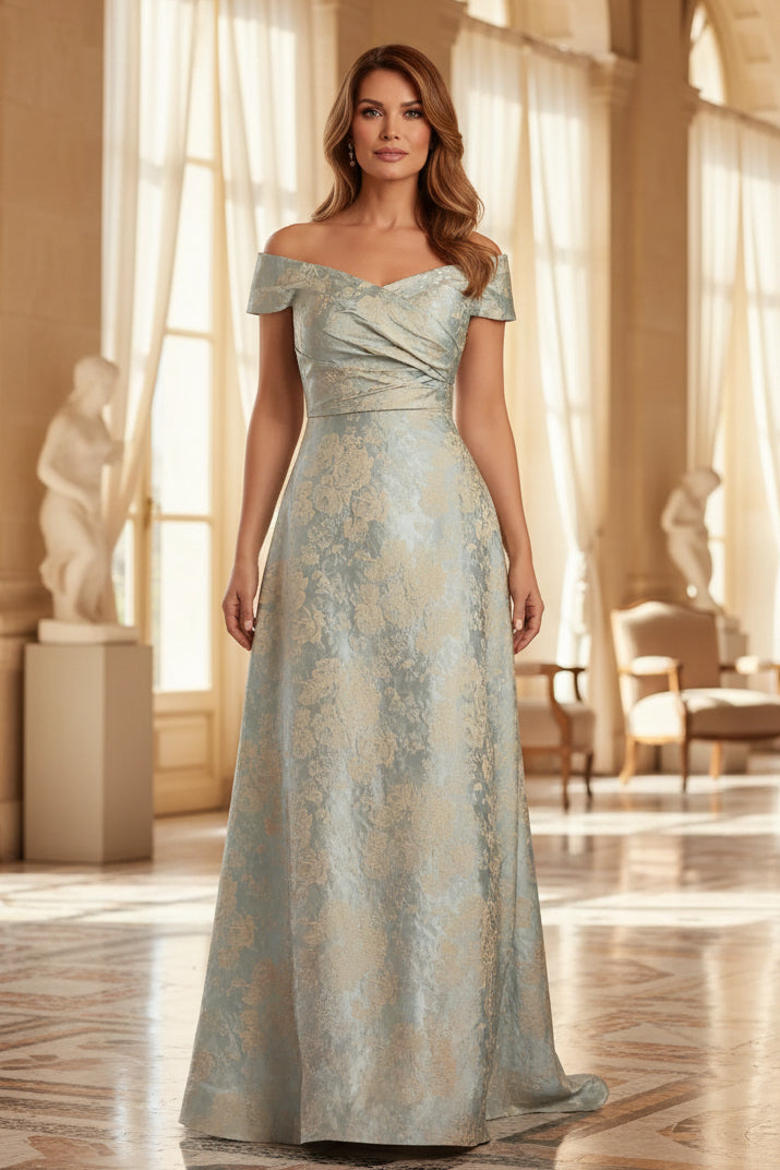 Vestido de noche acampanado jacquard con hombros descubiertos
