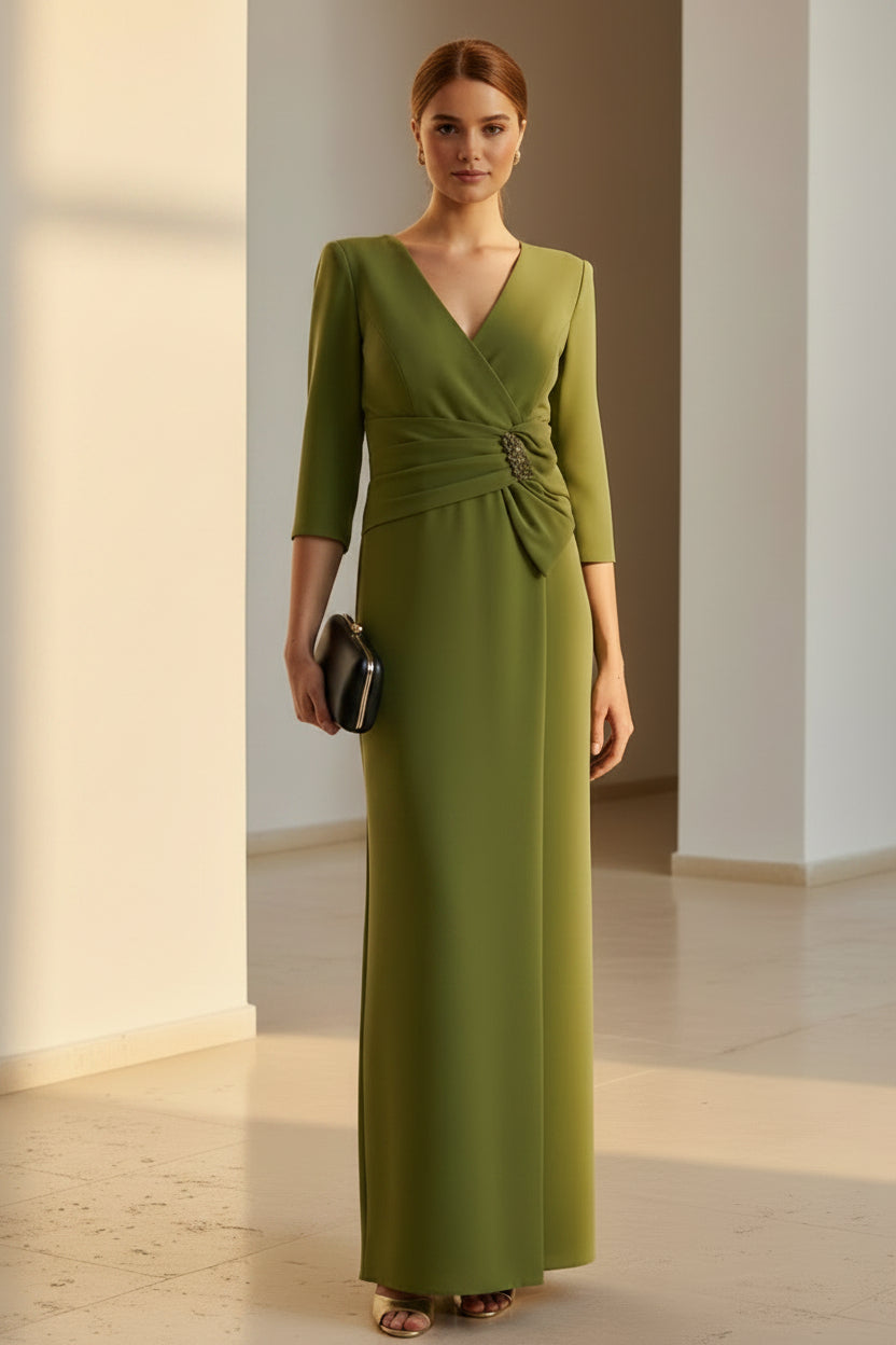 Vestido de Noche Largo con Cuello en V, Manga Francesa y Cintura Fruncida