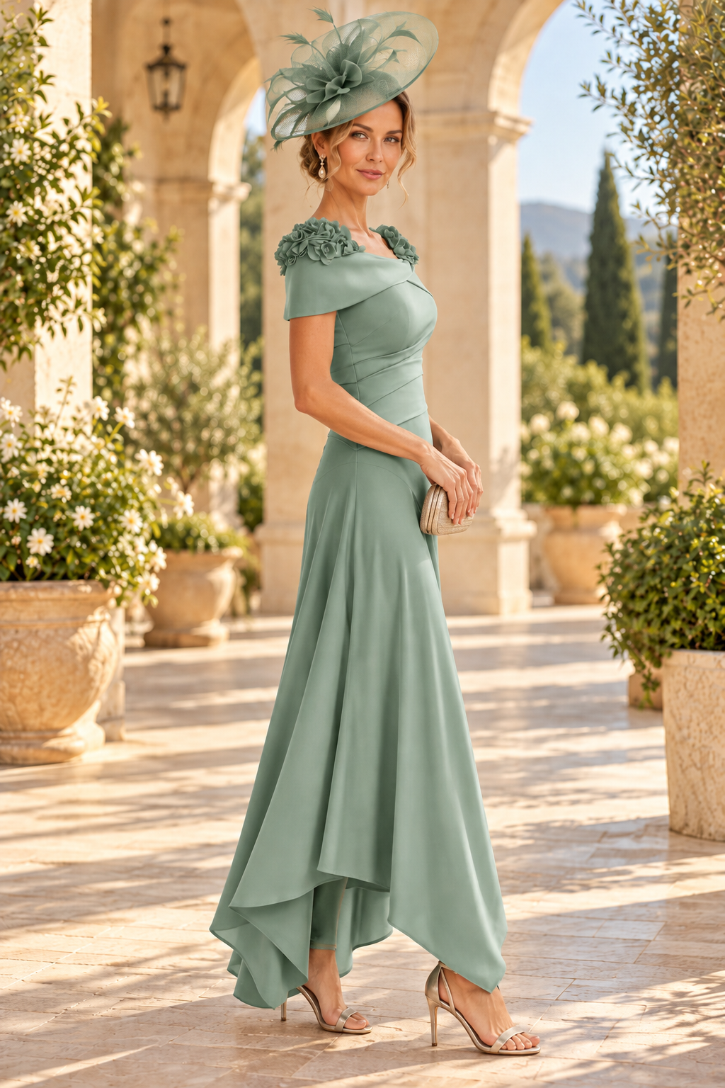 Pleated Off-the-Shoulder High-Low Gown