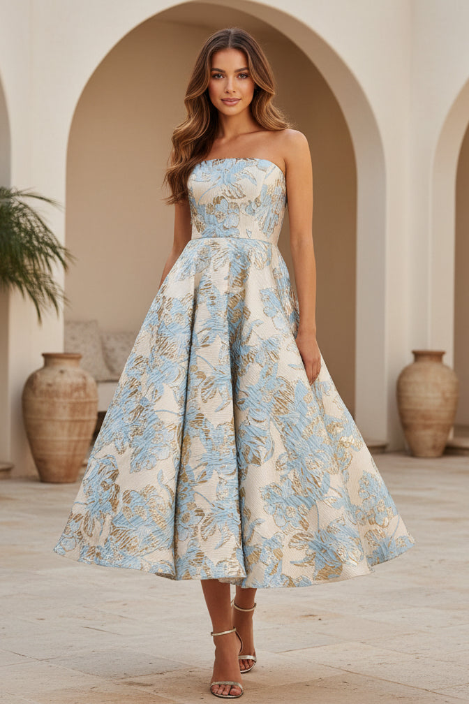 Vestido Midi A-Line de Jacquard Metalizado Sin Tirantes
