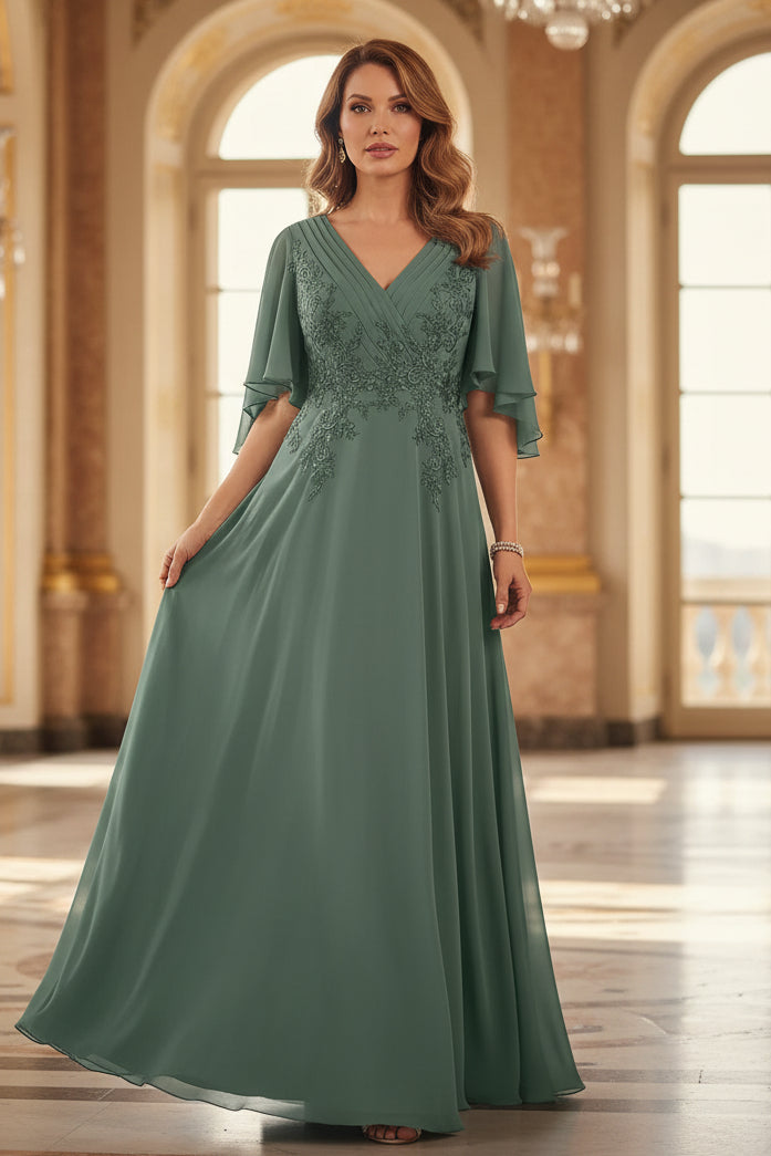 Vestido Formal de Gasa con Cuello en V, Corte Evasé y Mangas Aleteadas
