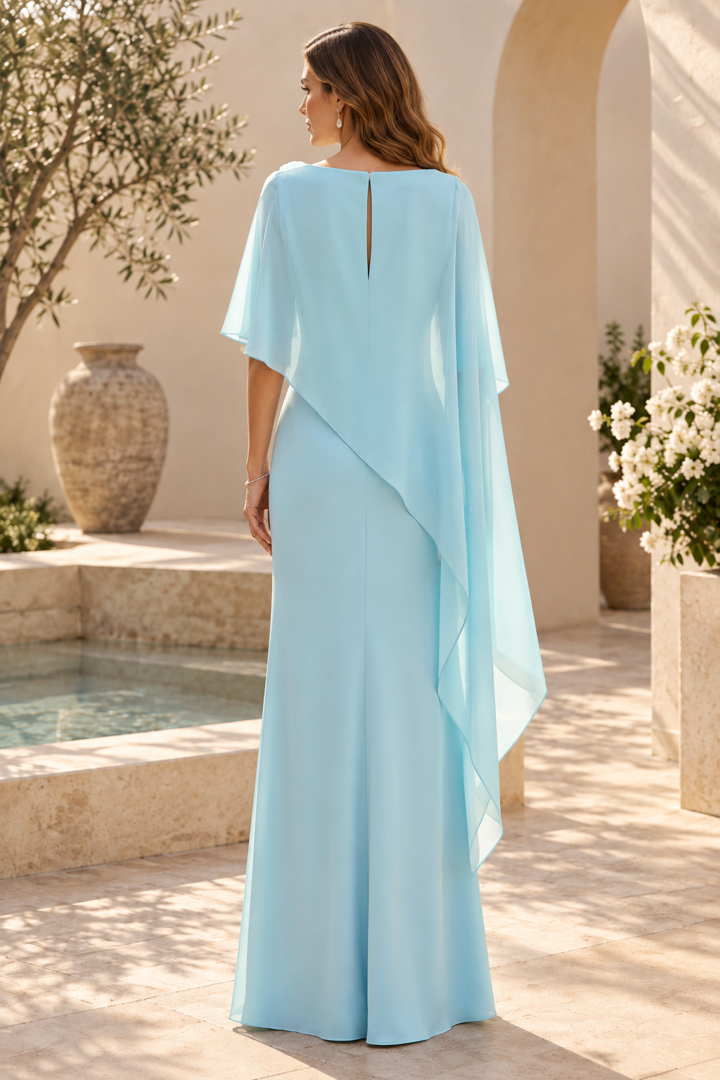 Asymmetrical Cape Column Gown with 3D Flower