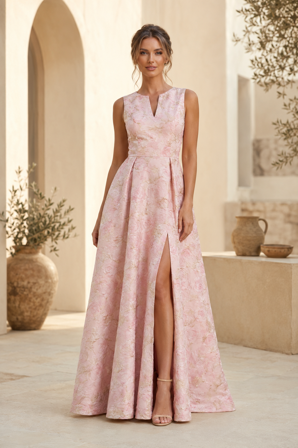 Vestido largo sin mangas de jacquard con corte en A y abertura delantera
