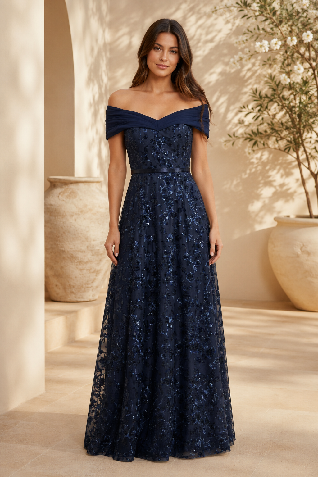 Vestido de Noche Acampanado con Hombros Descubiertos, Lentejuelas y Encaje Floral