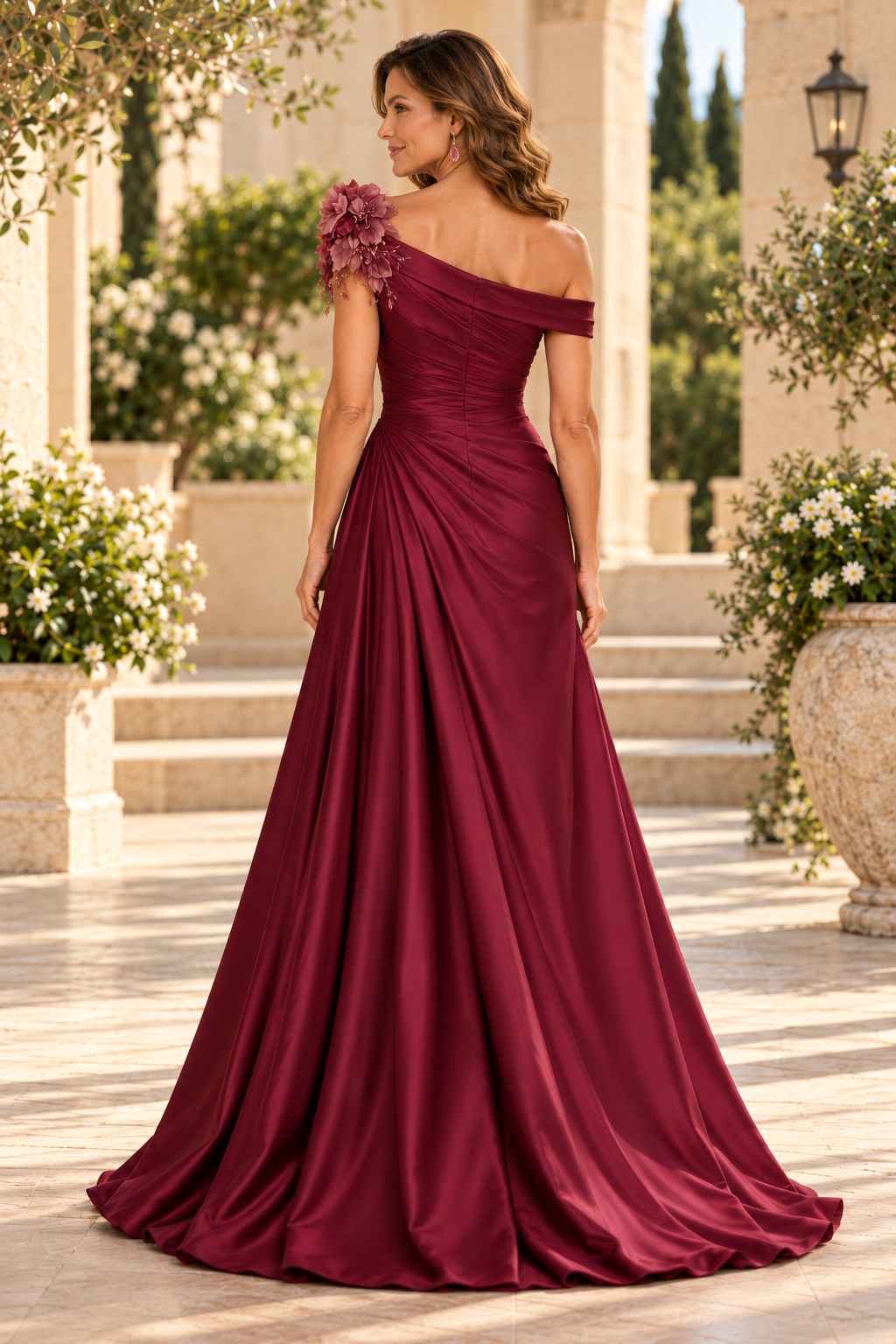 One-Shoulder Pleated Satin Gown with 3D Florals