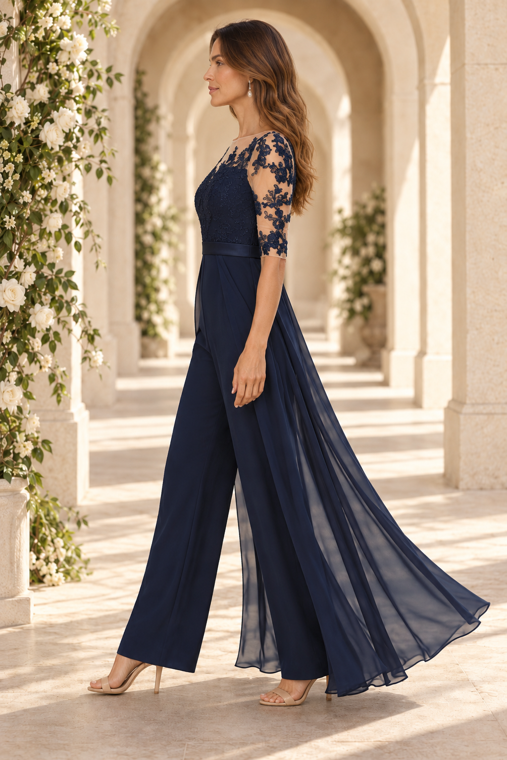 Lace Bodice Jumpsuit with Chiffon Overskirt