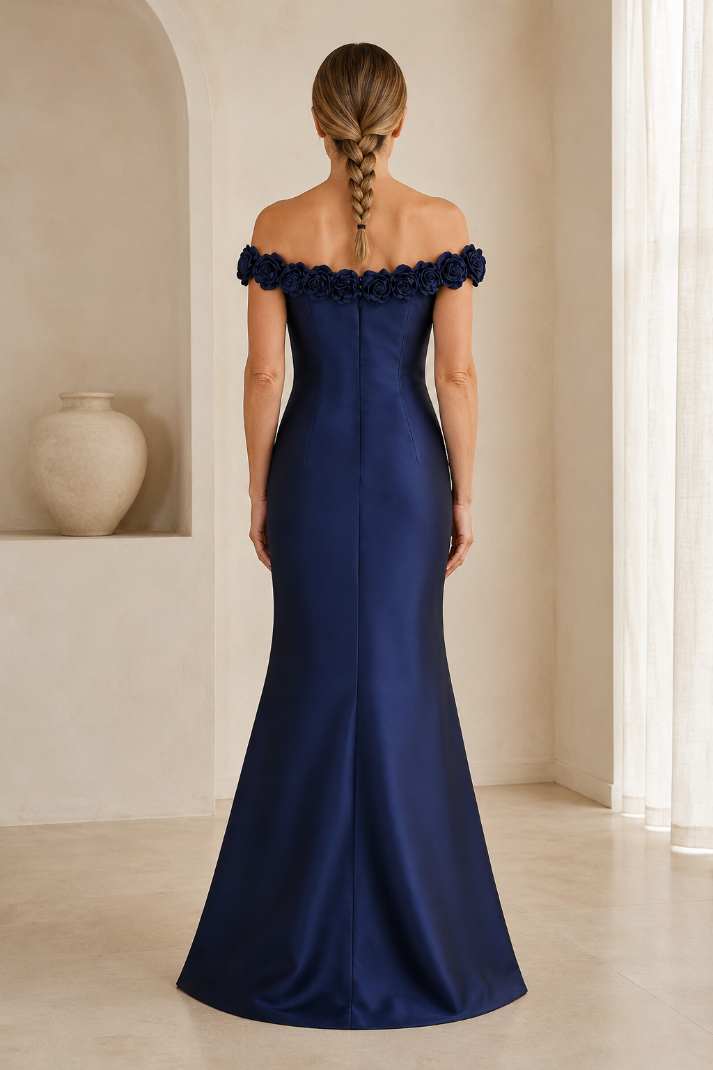 Vestido de sirena de satén con hombros descubiertos y apliques florales 3D