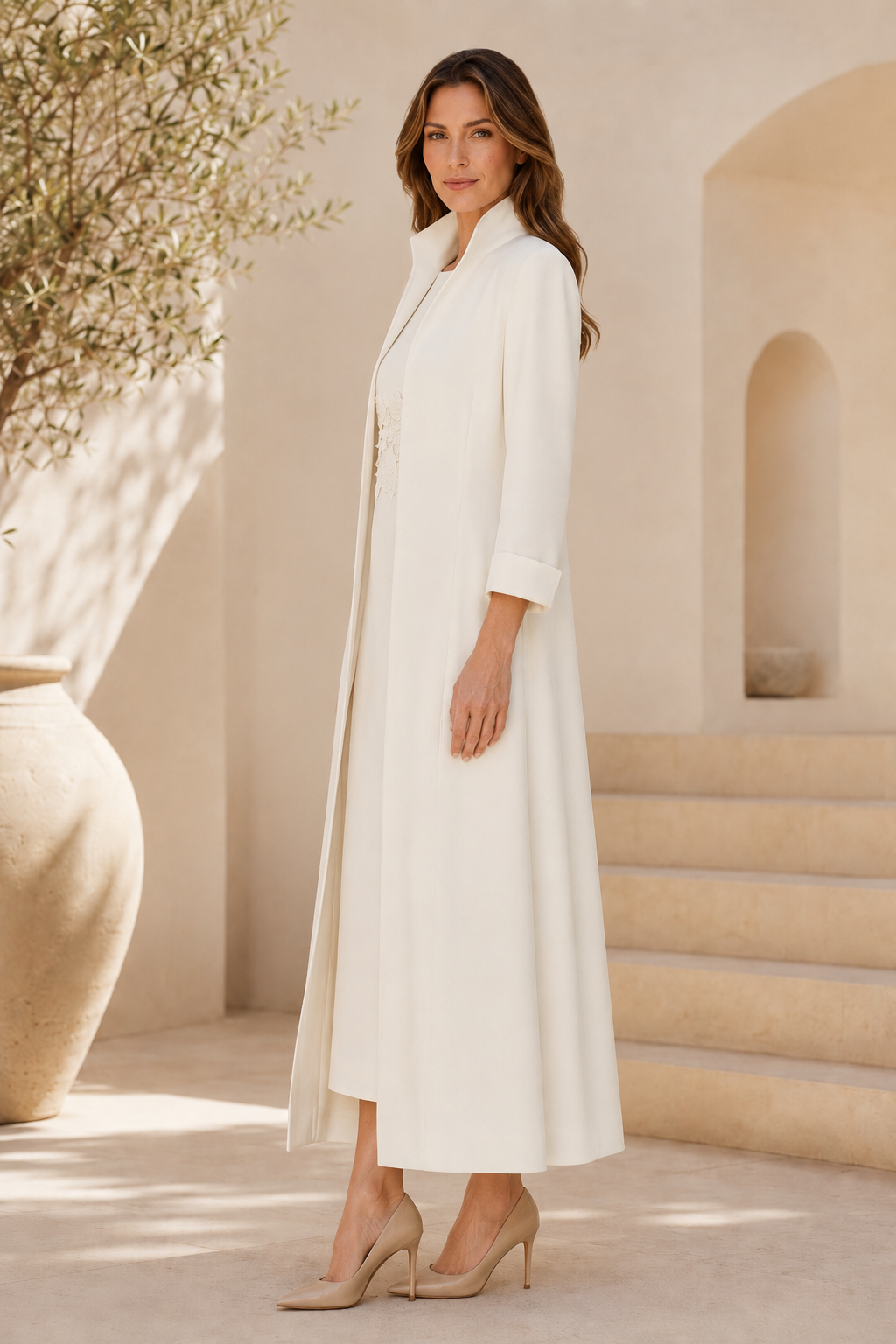 Conjunto de Vestido Tubo de Dos Piezas y Abrigo Largo