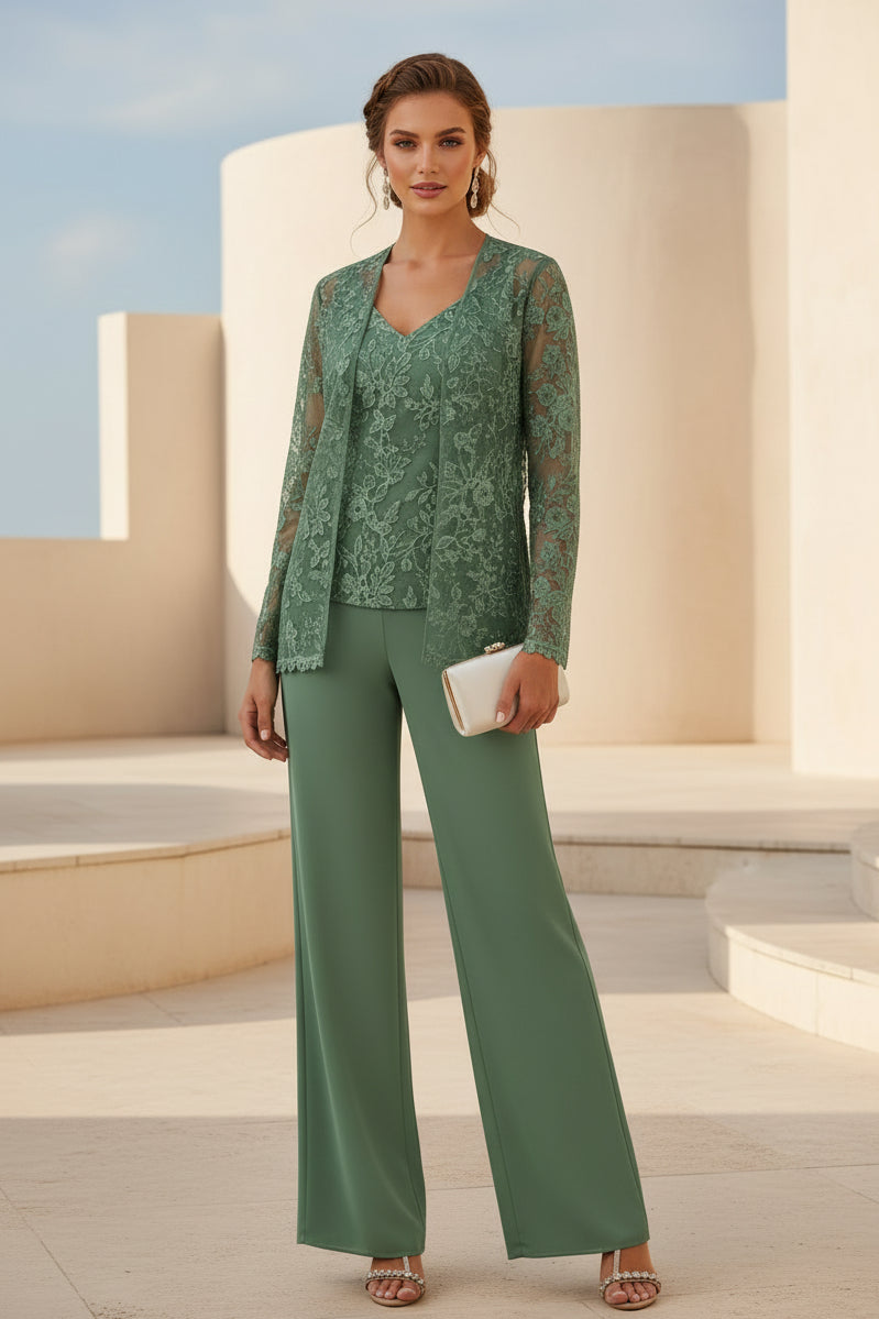 Elegante pantalón de encaje con chaqueta de manga larga a juego
