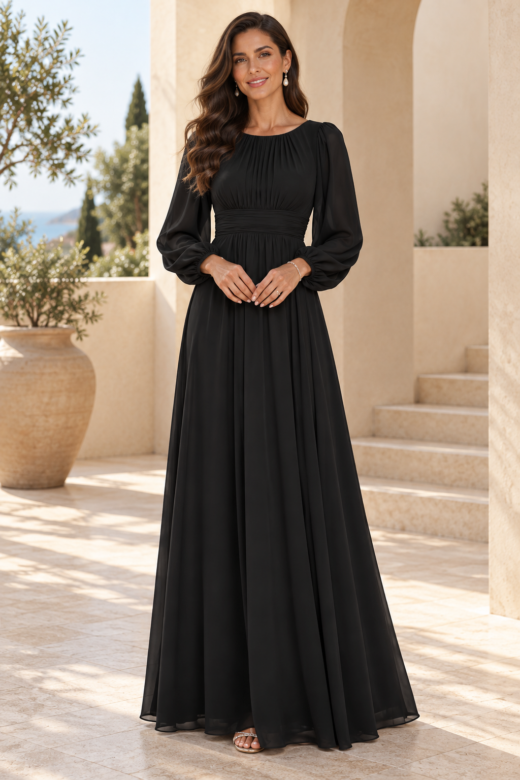 Pleated Bodice Long Sleeve Floor-Length Maxi Dress