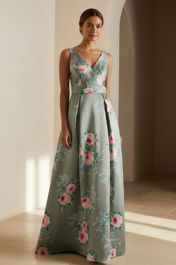 Vestido de noche de satén con cuello de pico y corte en A con estampado floral
