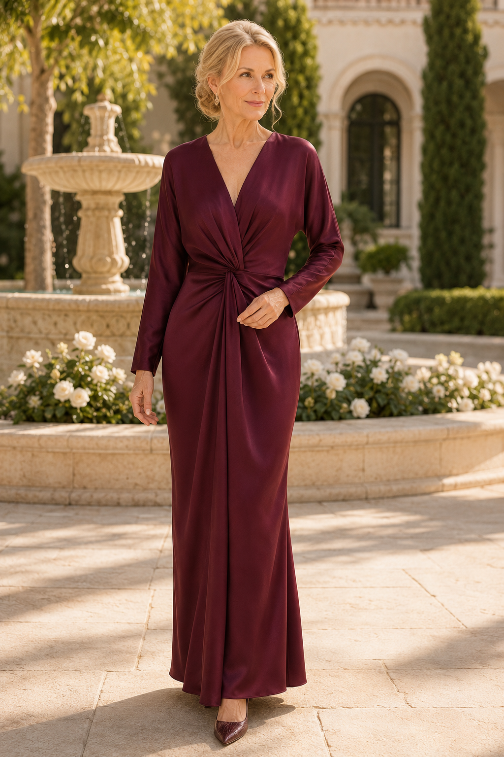 Vestido largo de satén con cuello de pico, manga larga y parte delantera cruzada