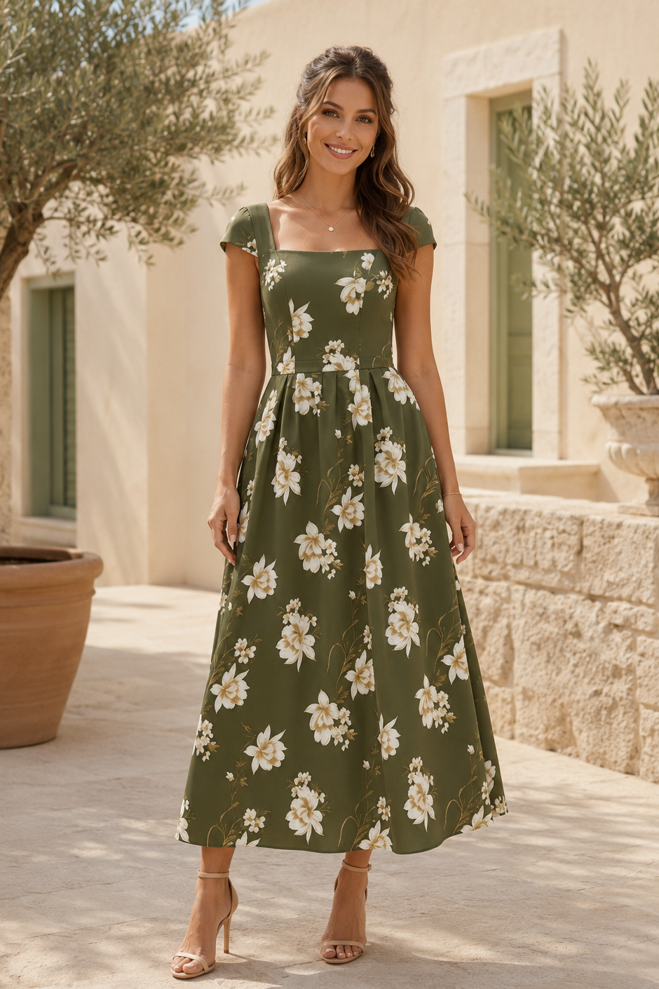 Vestido midi floral con escote cuadrado y mangas cortas