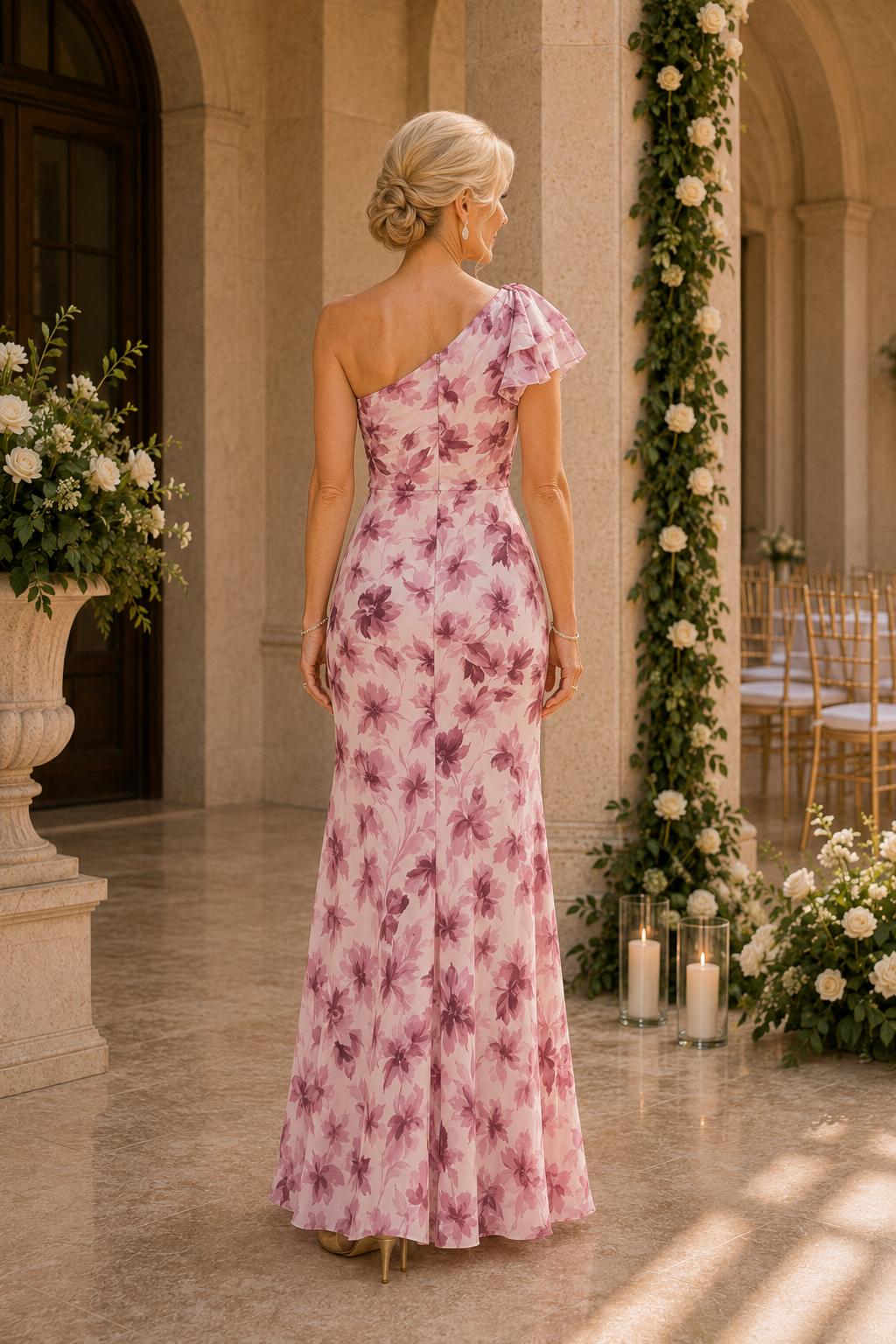 Maxivestido asimétrico con volantes y estampado floral