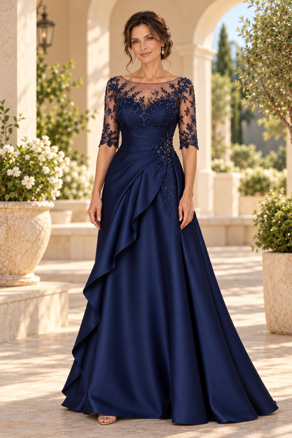 A-Line Gown with Illusion Neck & Side Drape