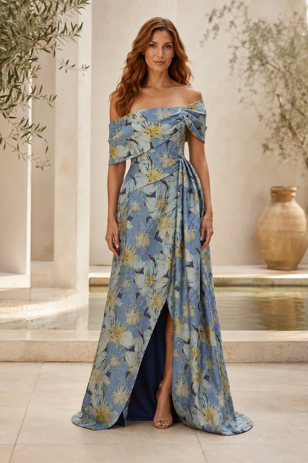 Vestido de jacquard floral con hombros descubiertos y abertura alta