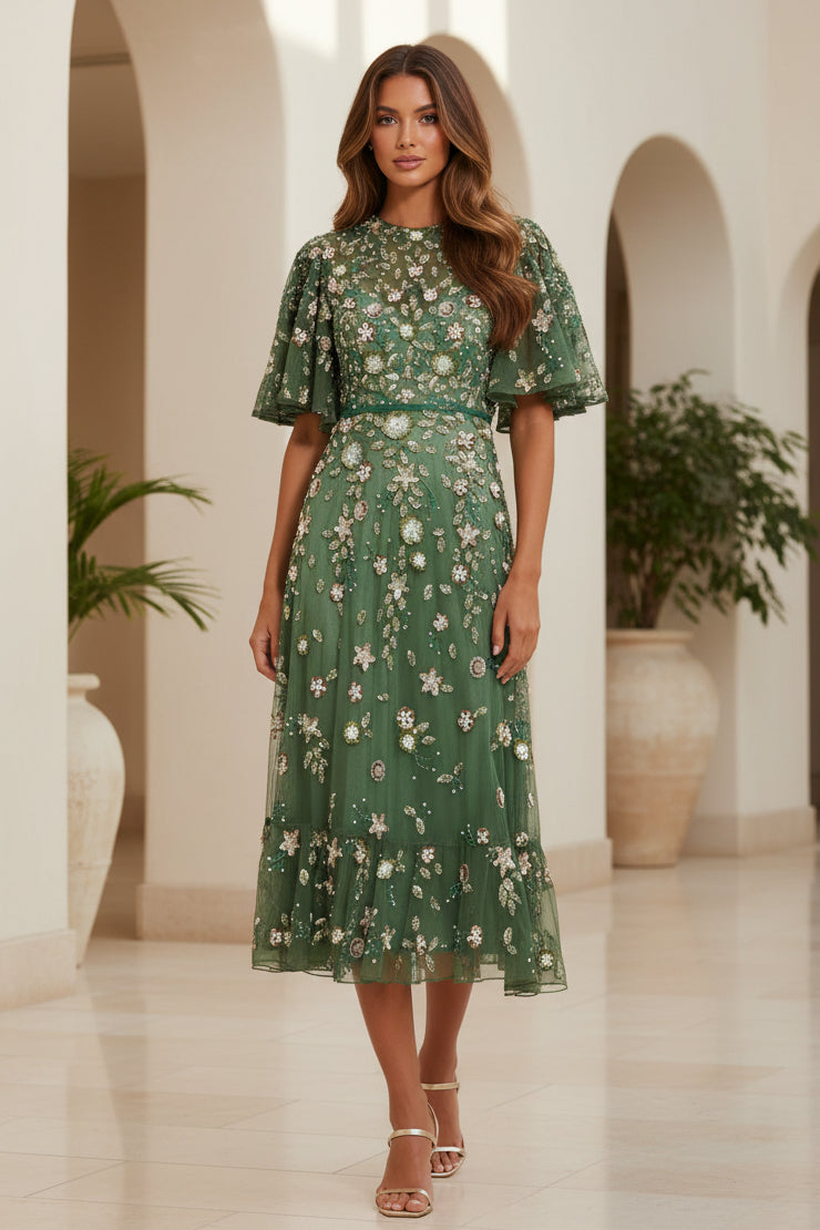 Vestido midi de tul bordado con mangas con volantes