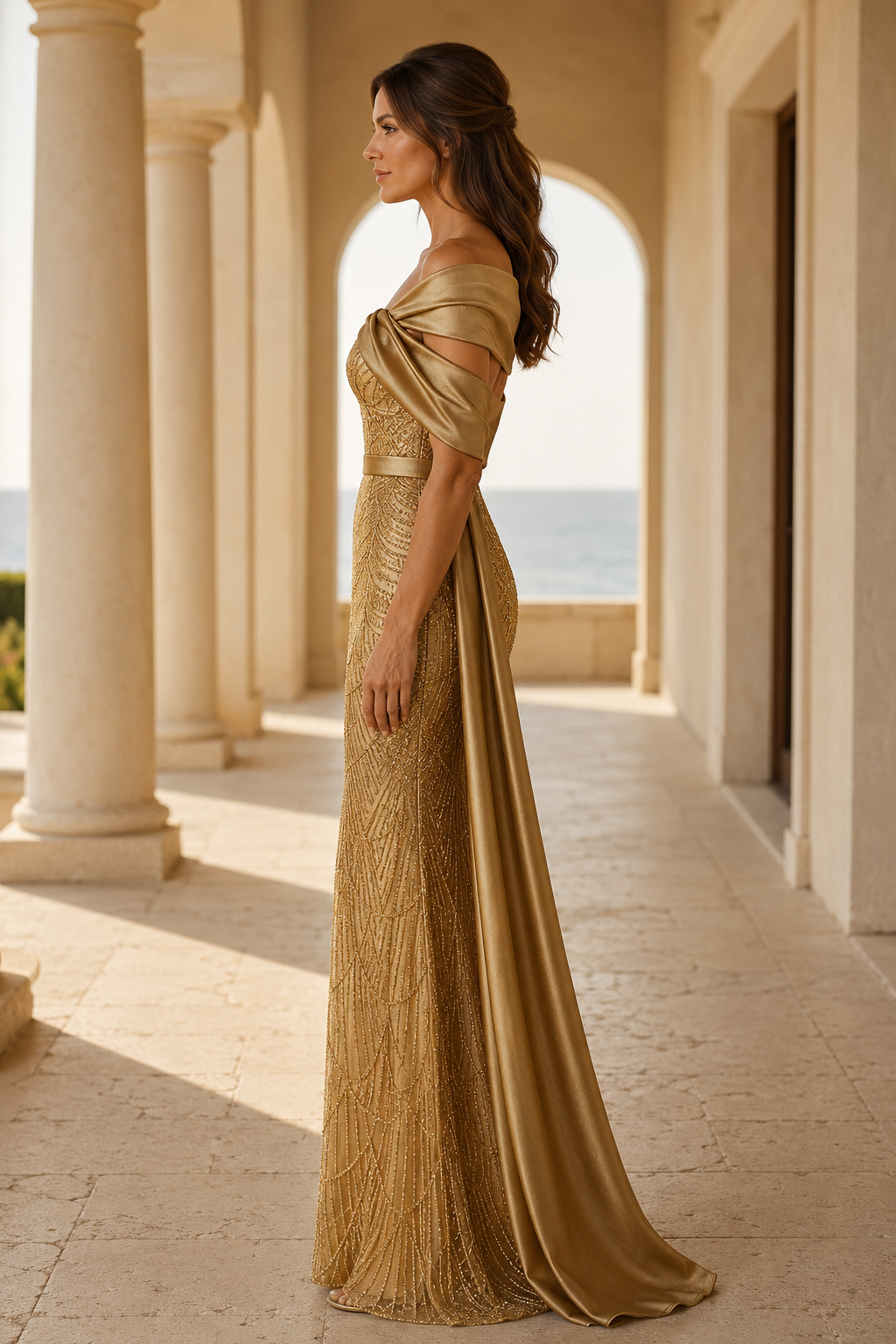 Vestido de sirena con hombros descubiertos, patrón de lentejuelas y drapeado de satén