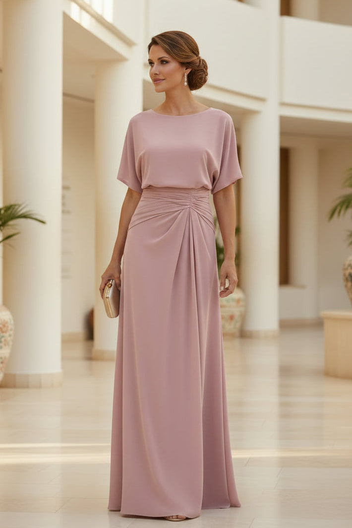 Vestido de noche formal largo hasta el suelo con cuello barco y cintura fruncida