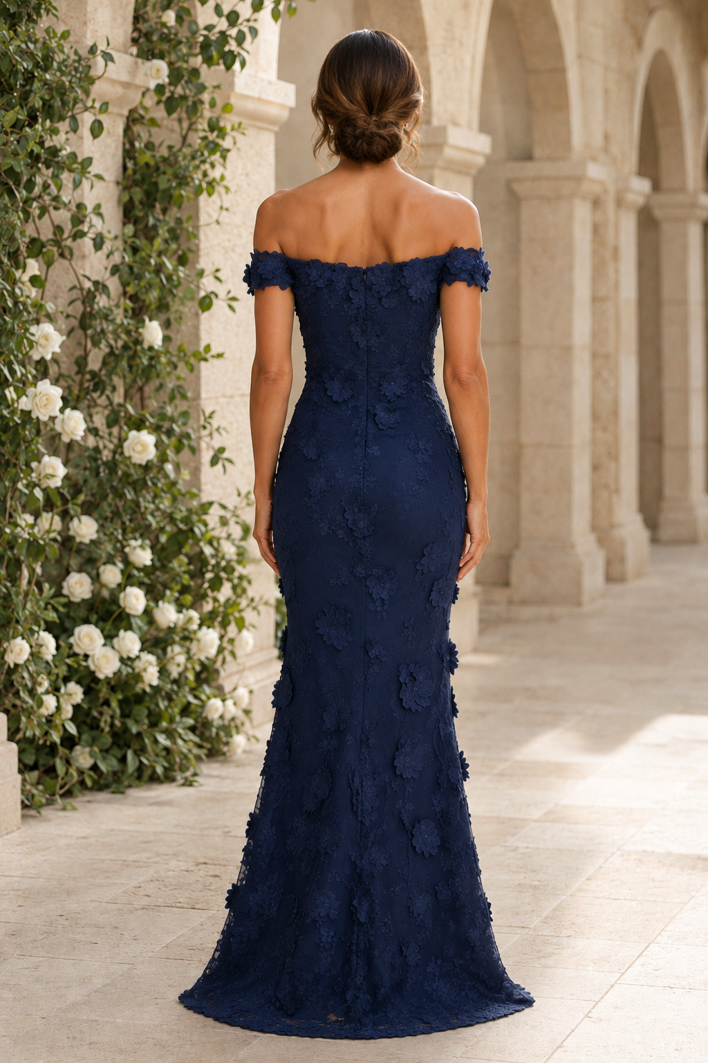 Vestido de sirena con encaje floral 3D y escote de hombros caídos
