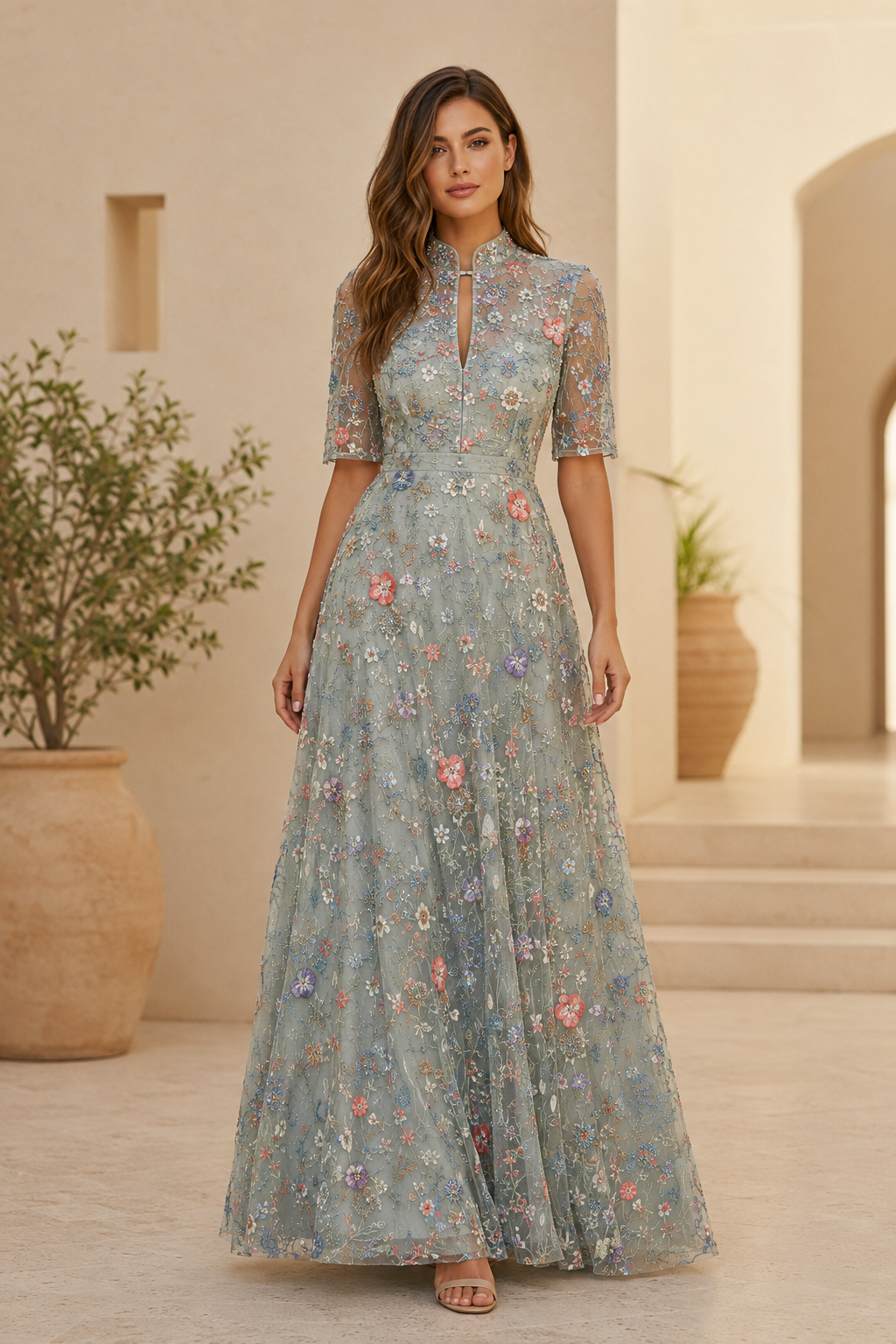 Vestido de noche acampanado con manga ilusión y bordado floral