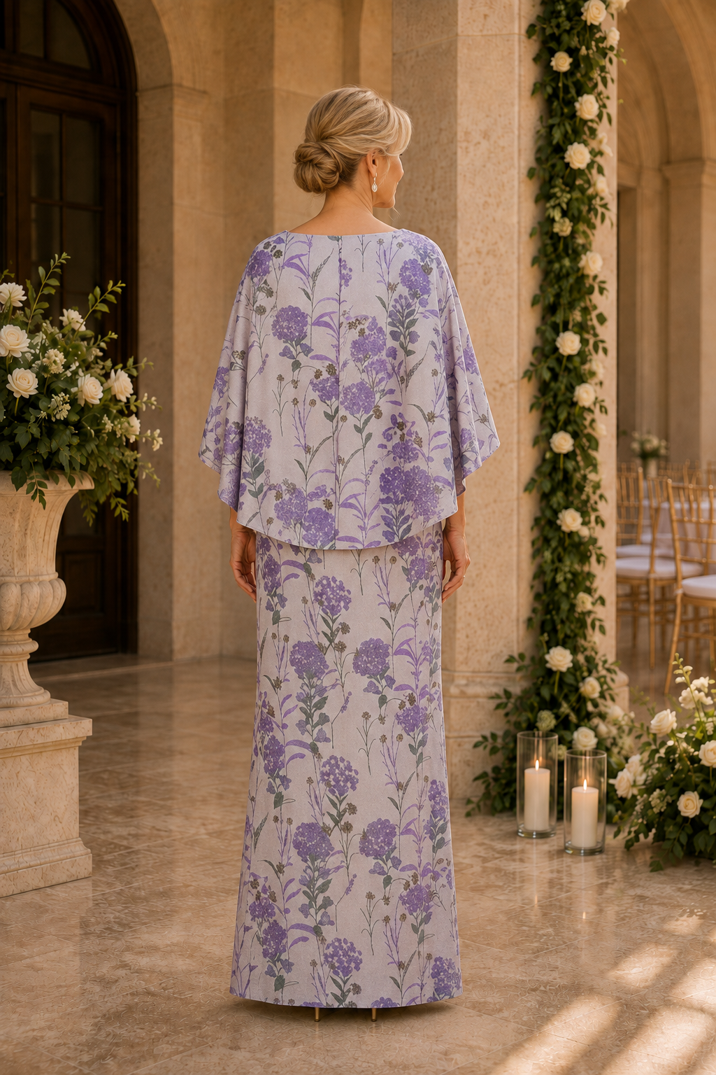 Vestido largo de corte recto con capa estampada de flores