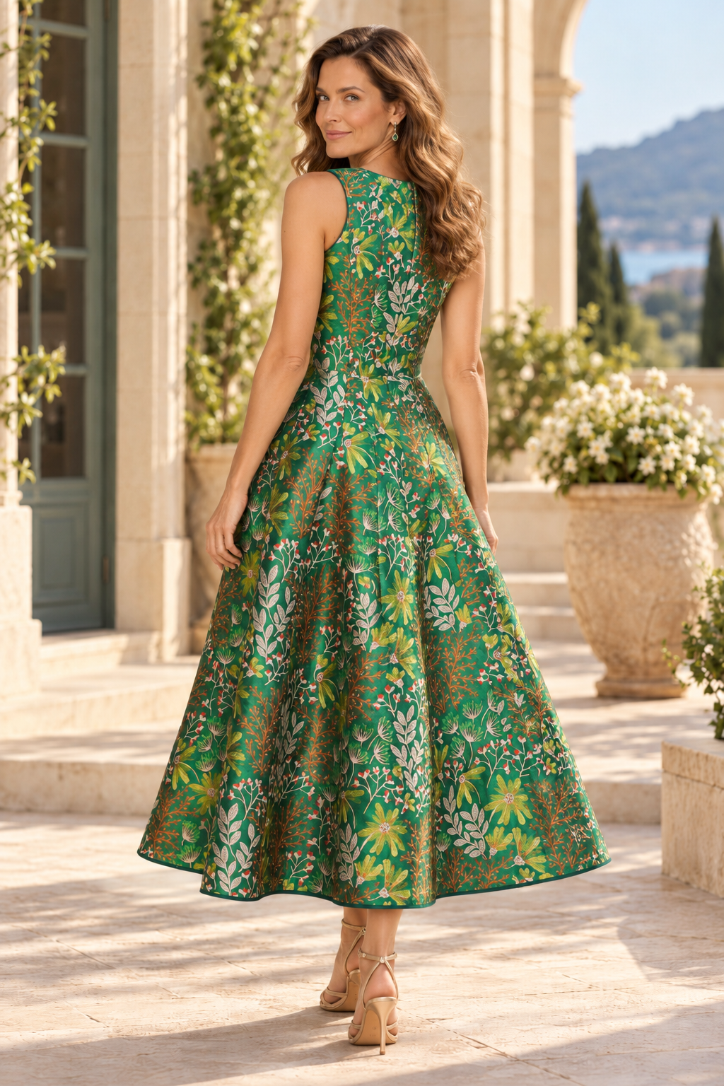 Floral Botanical Print Sleeveless Midi Dress
