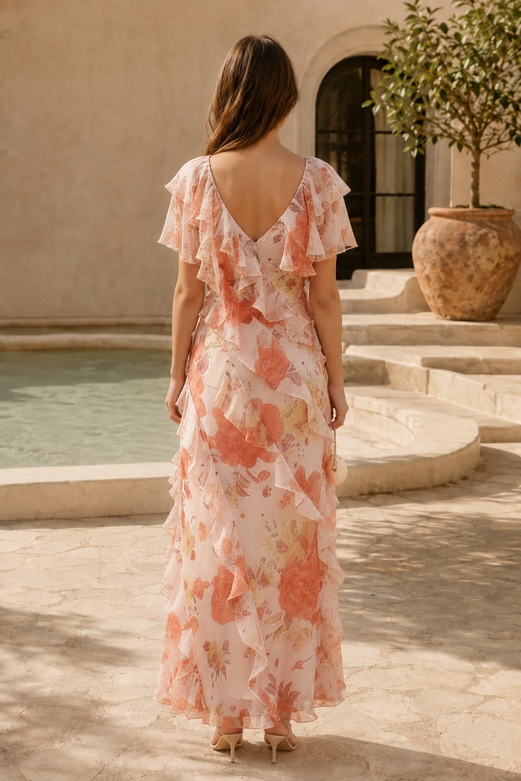 Maxivestido con estampado floral, volantes y escote en V