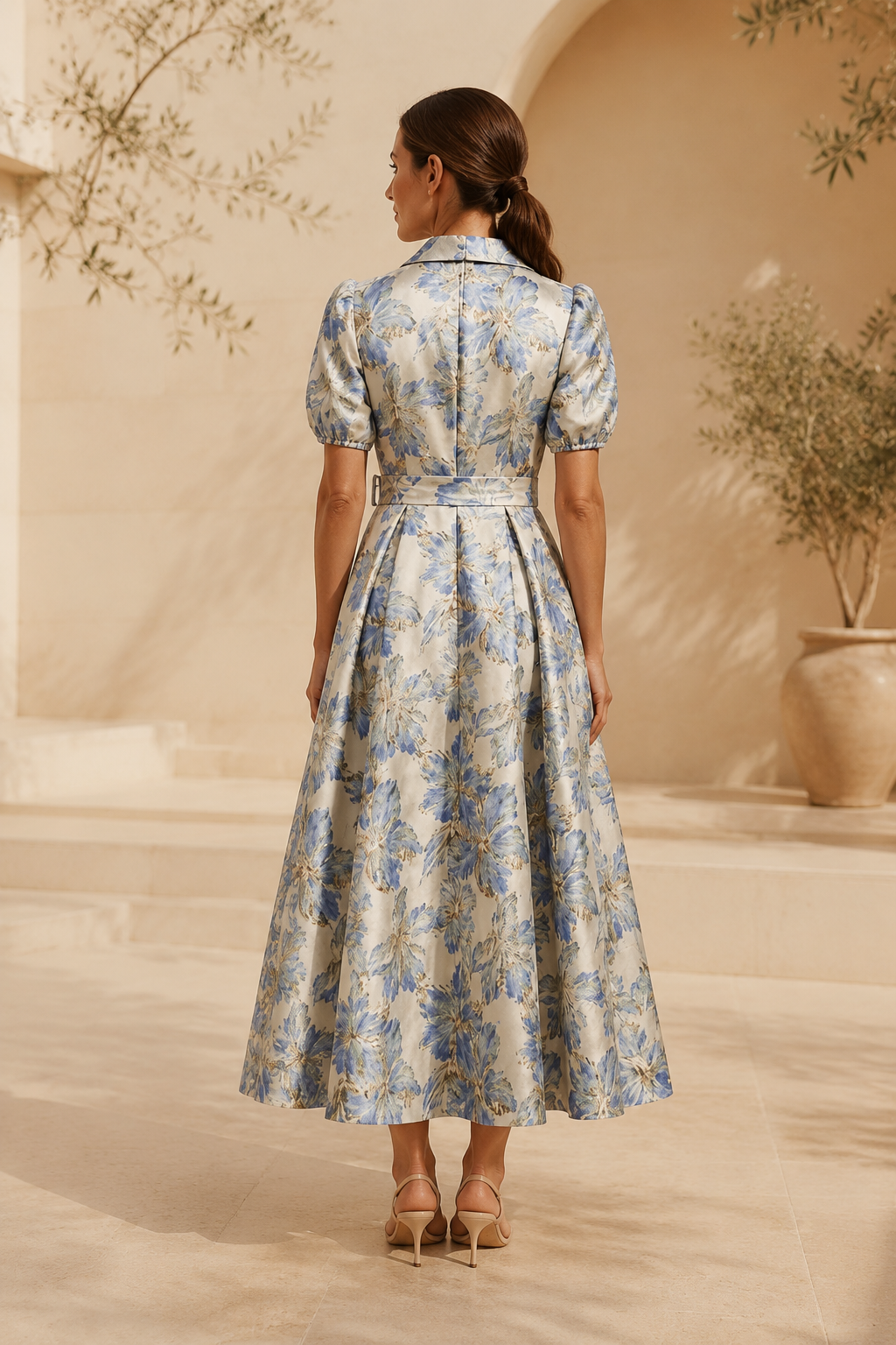 Vestido Midi Floral Jacquard con Cinturón y Mangas Abullonadas