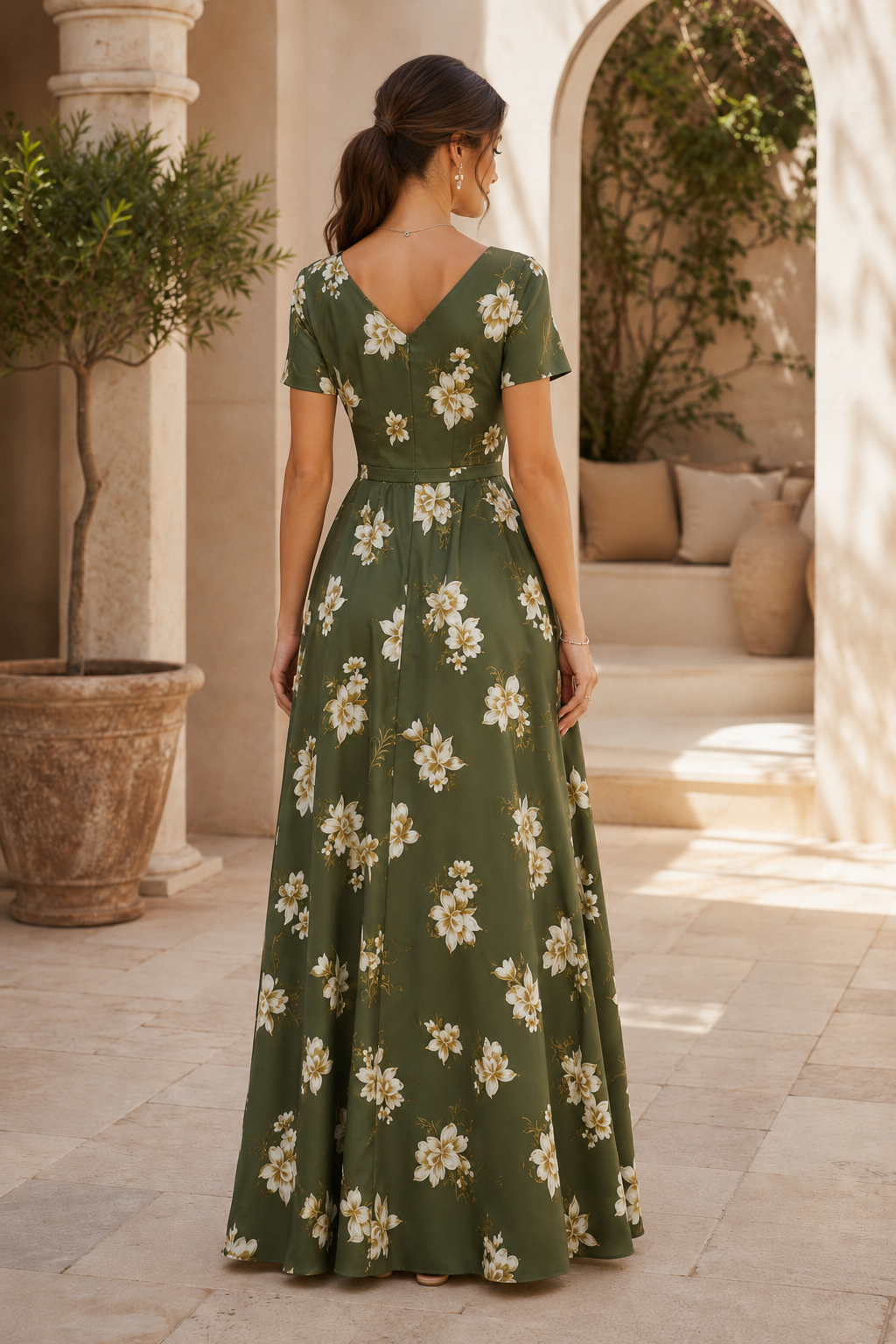 Vestido largo acampanado con estampado floral y cuello en V