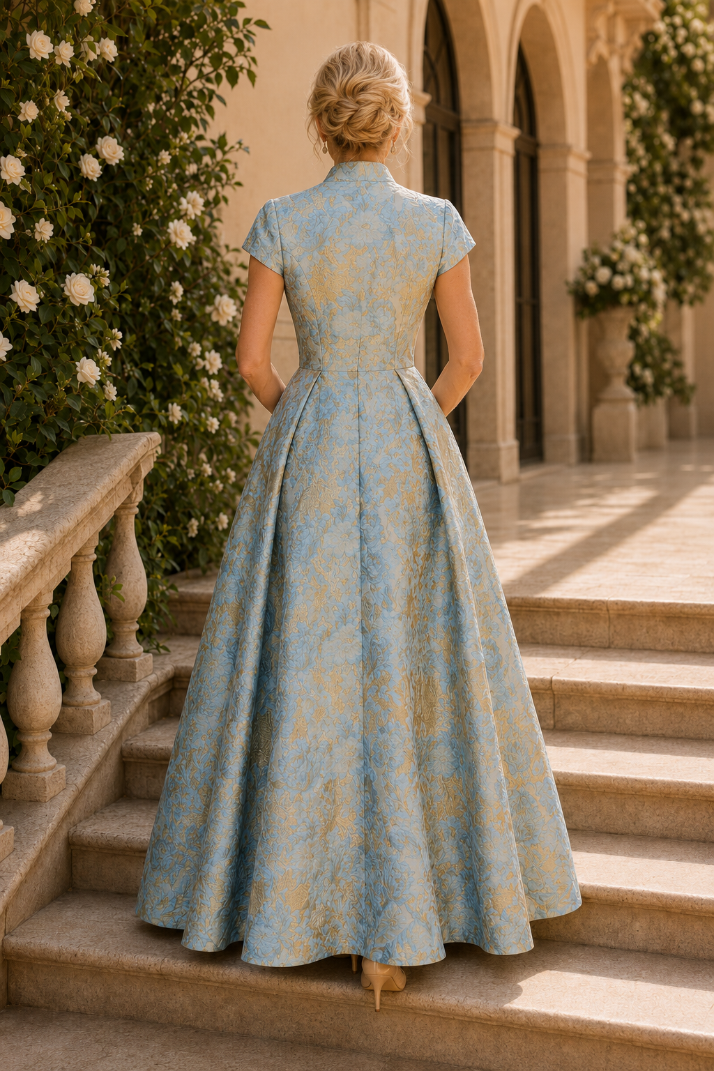 Vestido de fiesta formal brocado de corte A con bolero corto