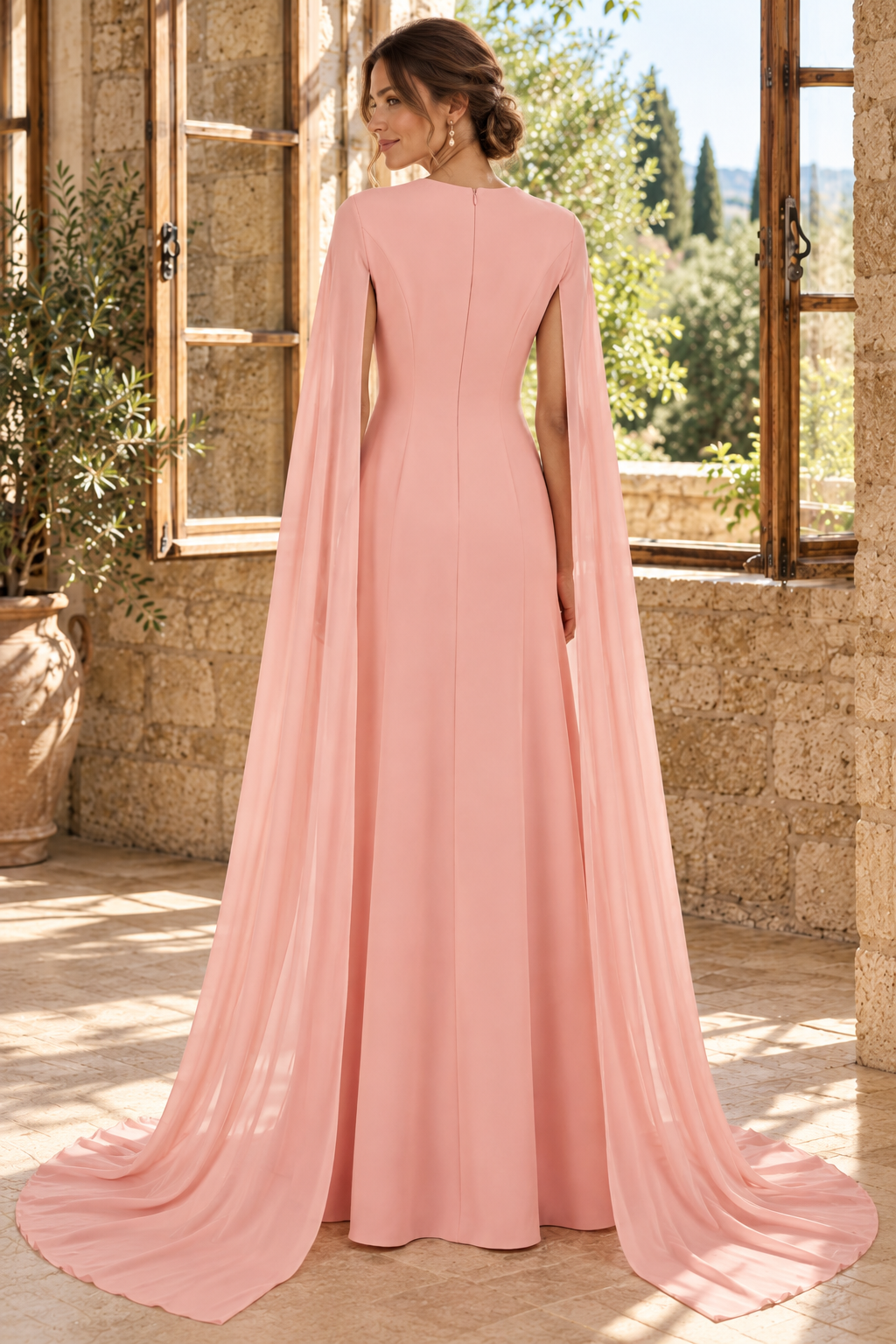 Beaded Cape Sleeve Floor-Length Evening Gown