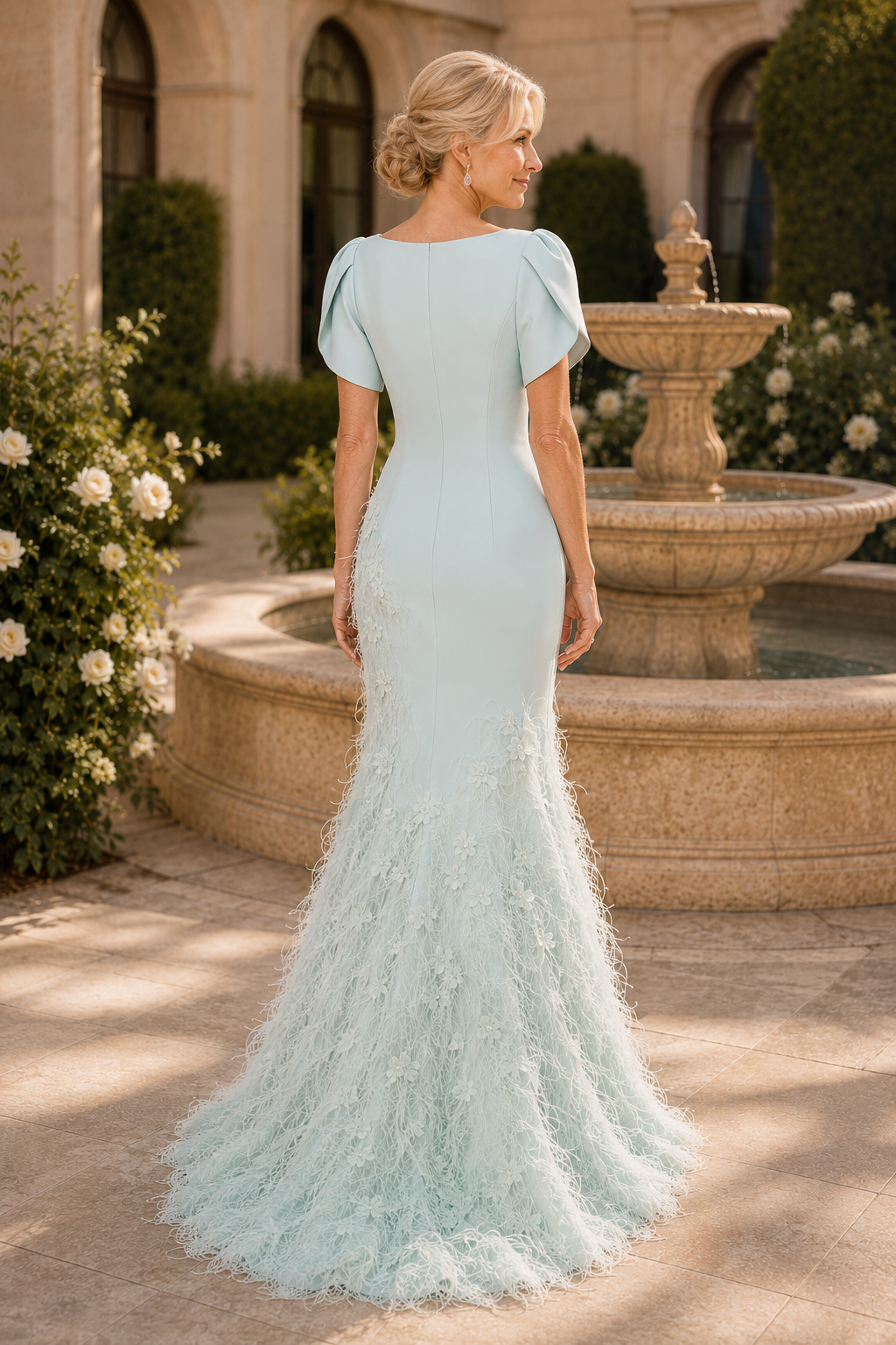 Vestido de sirena con mangas mariposa y falda de plumas