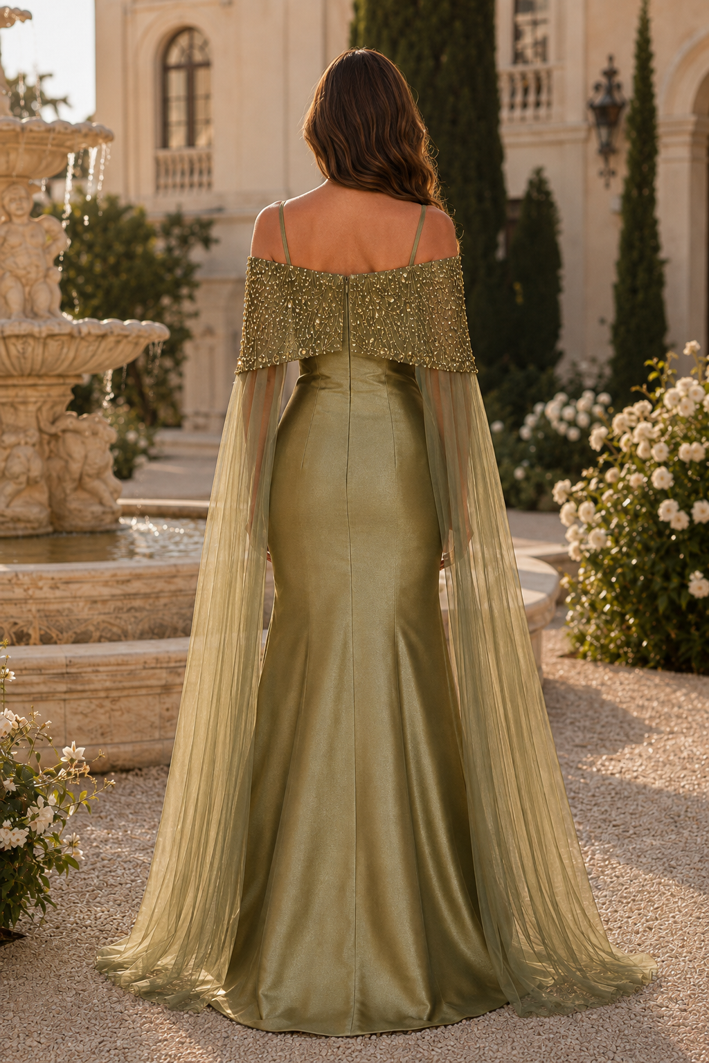 Vestido de noche sirena con capelina de cuentas