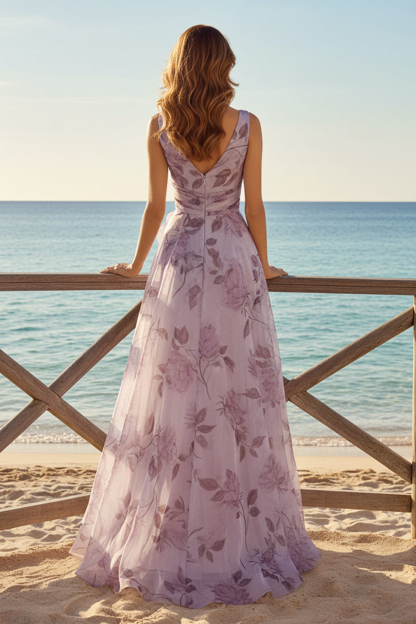 Vestido de noche formal cruzado de chifón floral con corte A