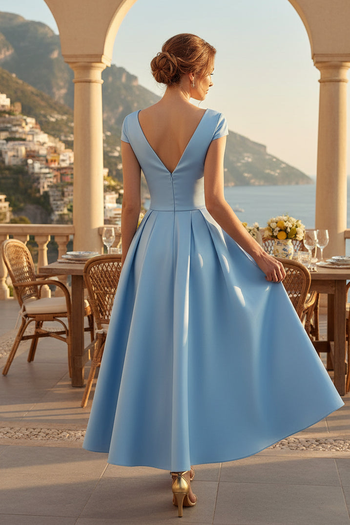 Vestido de satén estilo A con cuello en V, largo té y lazo