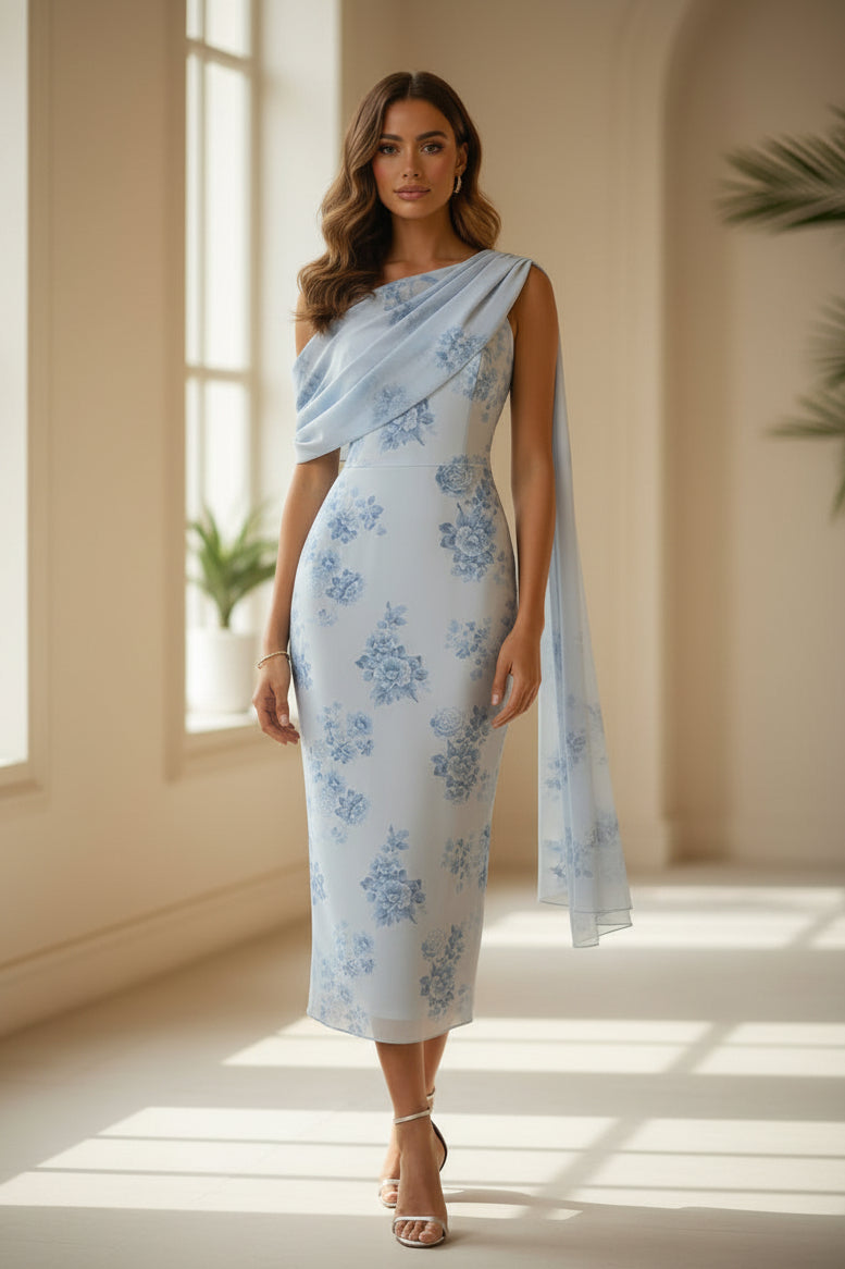 Vestido midi floral drapeado de un solo hombro