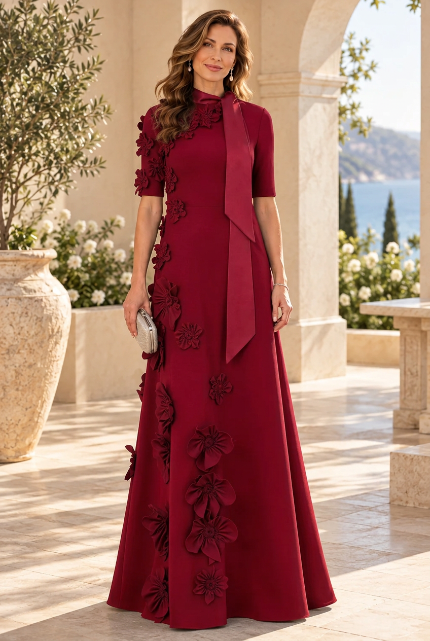 3D Floral High Neck A-Line Gown with Neck Tie